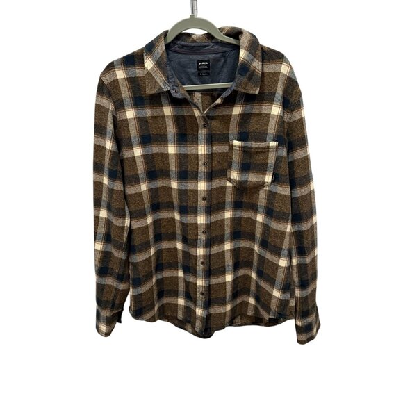 PrAna womens Long Sleeve Canyon Flannel Plaid snap Button-Up Shirt Brown L - Picture 1 of 4